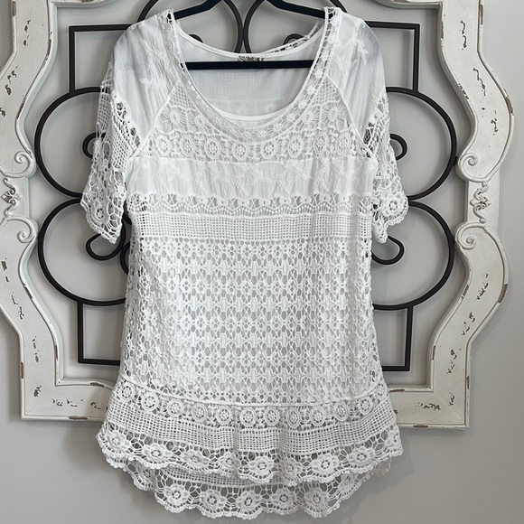 ONE WORLD LIVE AND LET LIVE EMBROIDERED CROCHET LACE TUNIC TOP WHITE SIZE LARGE - Picture 1 of 9